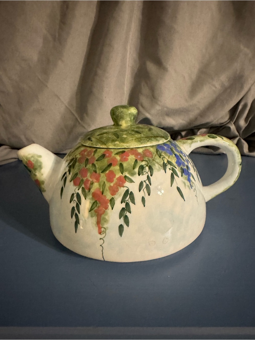 Hand-Painted Floral Ceramic Teapot in Green and Multicolor - Unbranded